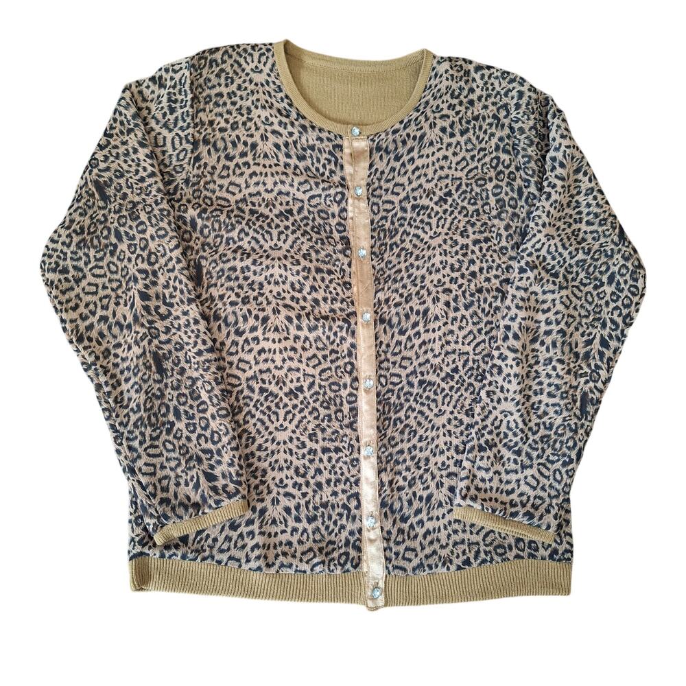 Reversible Leopard Print Cardigan Sweater Tan Solid Rhinestone Button Knit - M